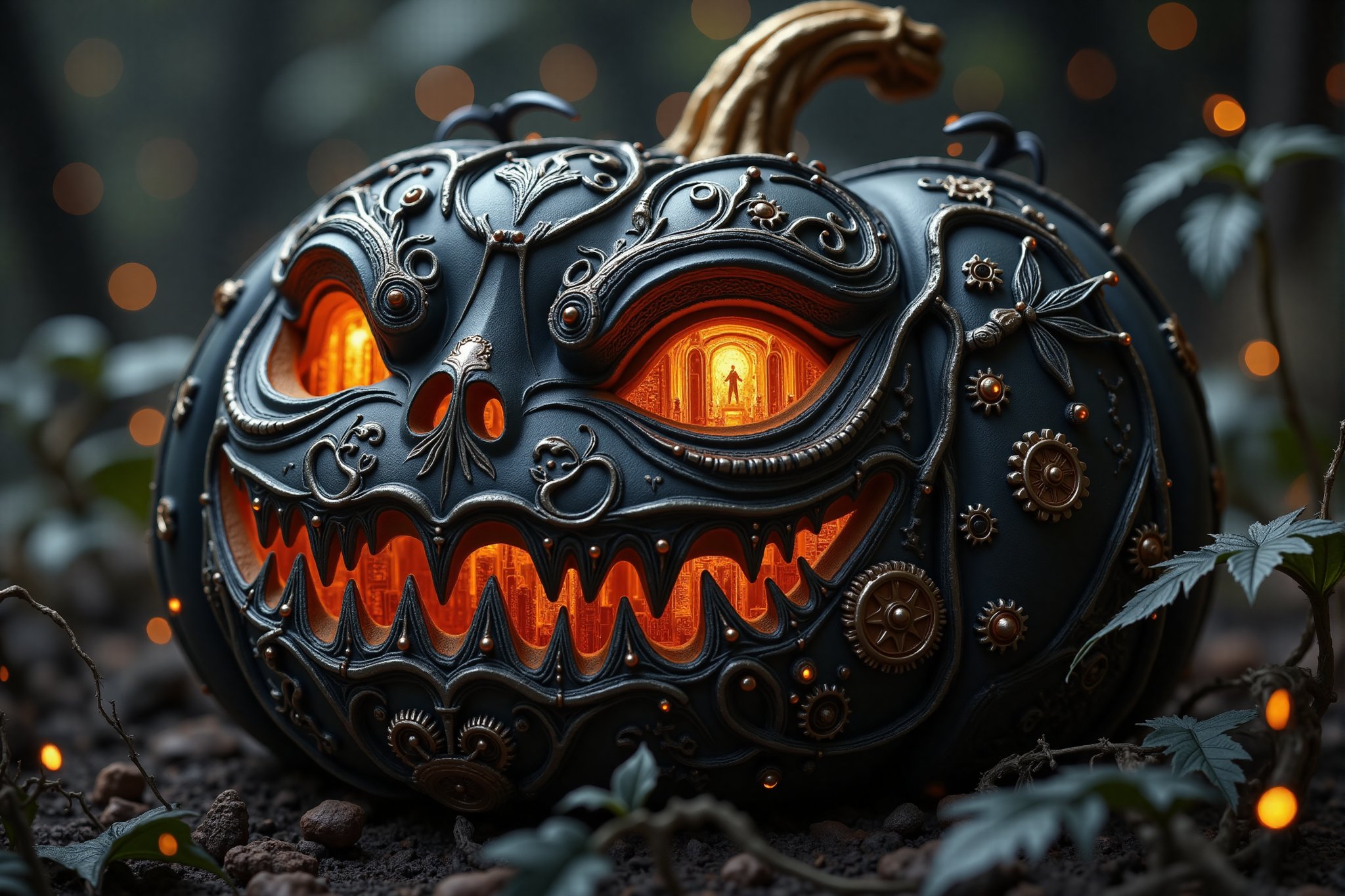 A dark, intricately detailed pumpkin rests in a gothic, eerie environment. Its surface is carved with precision, displaying swirling, elegant patterns reminiscent of vines and mechanical gears, all adorned with subtle golden accents. The eyes and jagged mouth are windows into a glowing, steampunk-inspired world, where tiny towers and clockwork mechanisms reside within. The vibrant, fiery orange light from inside contrasts with the pumpkin's dark, almost metallic exterior. Gears and cogs are embedded around the carved features, giving it a surreal, mechanical aesthetic. The pumpkin's stem, golden and twisted, adds to the luxurious yet haunting feel, while the dark flowing background, with hints of swirling shadows, enhances the spooky, gothic atmosphere. The entire scene exudes a mysterious, enchanting glow, with tiny stars and bats subtly integrated into the design, as if the pumpkin itself holds a secret, magical world within.