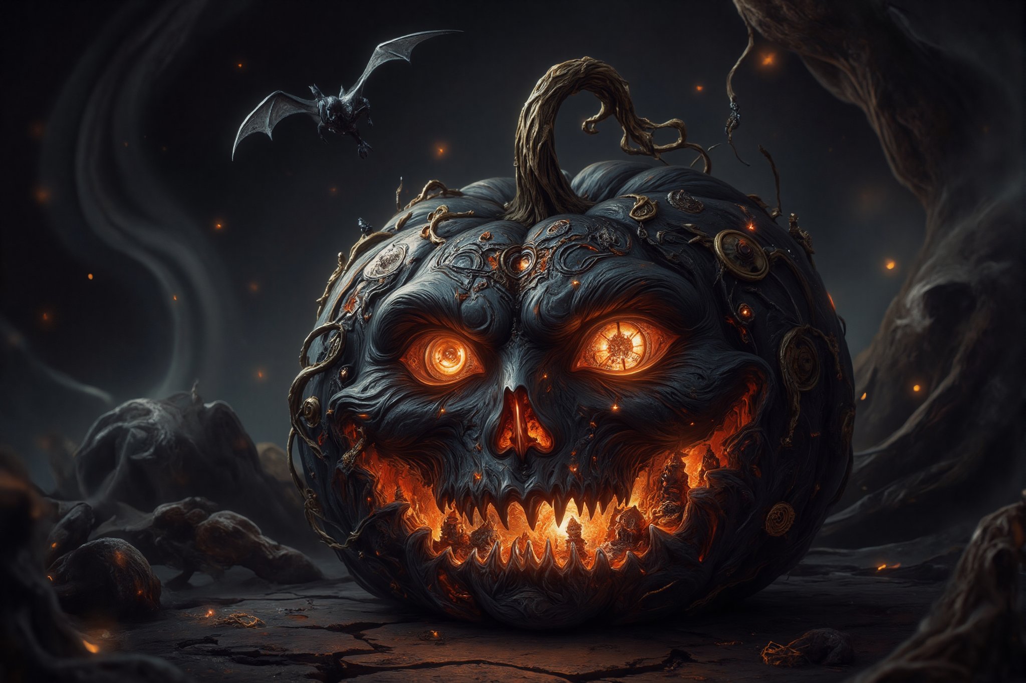 A dark, intricately detailed pumpkin rests in a gothic, eerie environment. Its surface is carved with precision, displaying swirling, elegant patterns reminiscent of vines and mechanical gears, all adorned with subtle golden accents. The eyes and jagged mouth are windows into a glowing, steampunk-inspired world, where tiny towers and clockwork mechanisms reside within. The vibrant, fiery orange light from inside contrasts with the pumpkin's dark, almost metallic exterior. Gears and cogs are embedded around the carved features, giving it a surreal, mechanical aesthetic. The pumpkin's stem, golden and twisted, adds to the luxurious yet haunting feel, while the dark flowing background, with hints of swirling shadows, enhances the spooky, gothic atmosphere. The entire scene exudes a mysterious, enchanting glow, with tiny stars and bats subtly integrated into the design, as if the pumpkin itself holds a secret, magical world within.