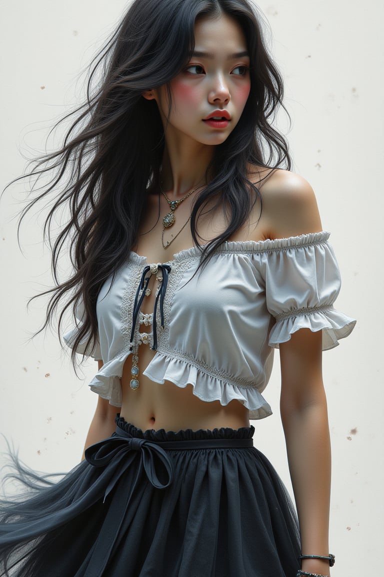portrait of a beautiful japanese woman with dark wavy hair,  summer blouse,  dark tutu by Emjay on Tensor.Art