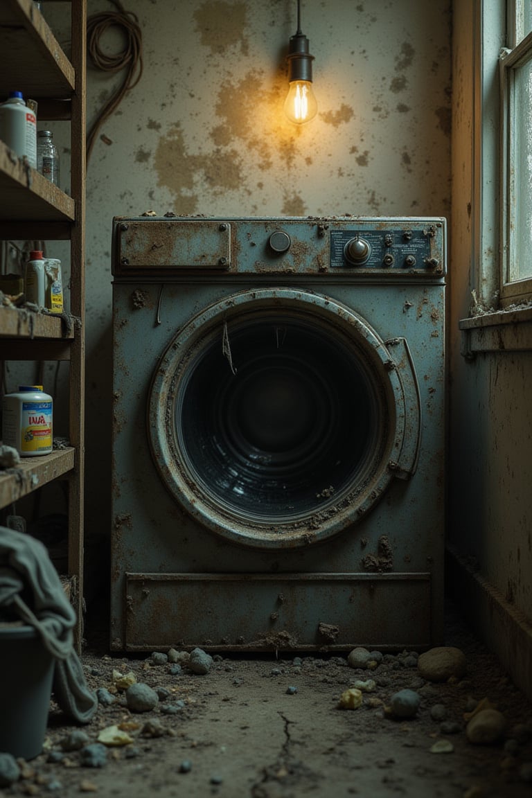The laundry room is in a state of decay,  forgotten by time and nature. The walls are peeling,  once-white paint curling i...