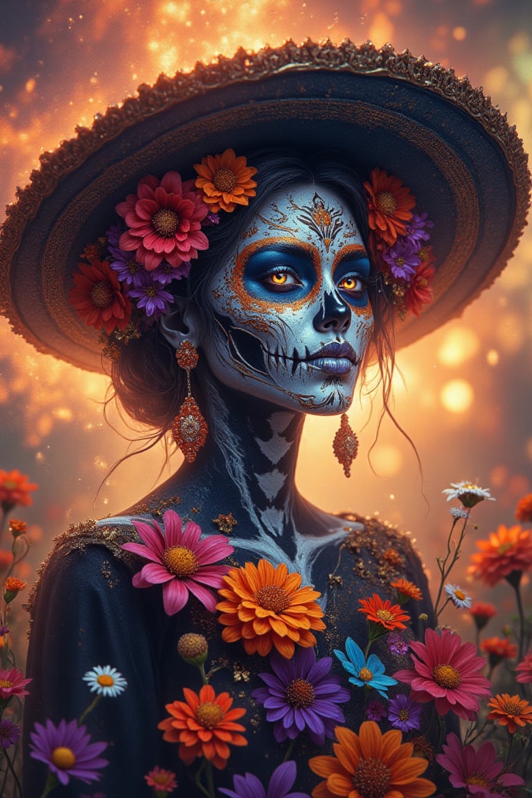 In a brilliant and dreamlike celebration of color, a woman adorned in traditional Día de los Muertos face paint stands amidst a cascade of vibrant flowers, embodying the spirit of the Day of the Dead. Her face is painted in an intricate sugar skull style with bold colors: deep blue eye sockets, sharp orange accents that sweep over her brows, and a carefully detailed black nose and mouth. Her lips are painted with skeletal teeth, extending in delicate lines that give her a joyful yet haunting smile. Above her brows, small floral motifs and dots accentuate her gaze, drawing attention to her serene, almost introspective expression.

A wide-brimmed, black sombrero frames her face, almost hidden by a profusion of flowers in vivid shades of red, orange, purple, and blue. These flowers spill over the brim and cascade down around her shoulders, creating a sense of blooming life that celebrates remembrance and renewal. The flowers appear to move with her, merging her with the natural world, as if she herself is an extension of the blossoms. Petals and stems intertwine in her hair and adorn her earrings, giving her a vibrant, earthy beauty that contrasts with her painted visage of death.

Behind her, the background is a burst of warm, fiery colors—a mix of rich oranges, yellows, and golds that resemble a sunset sky ablaze with light. The background seems almost like a watercolor painting, blending and blurring around her to create an ethereal, timeless atmosphere, as if she exists in a dream or another realm. Soft, warm light illuminates her from behind, casting her in an otherworldly glow and heightening the vibrant colors of her floral adornments, making her appear like a deity of the harvest or a guardian of the spirit world.

Surrounding her are more marigolds and daisies, symbols of remembrance and the fragile beauty of life. She seems both grounded and ethereal, a figure of unity between the realms of the living and the dead, celebrating memory, joy, and the cycles of life with grace and tranquility. Her gaze, peaceful and slightly melancholy, captures the essence of the Day of the Dead—a holiday that honors both loss and life, blending reverence with celebration. The scene radiates warmth, love, and an eternal sense of connection, inviting viewers to pause and reflect on the beauty of life’s transience and the enduring power of memory.