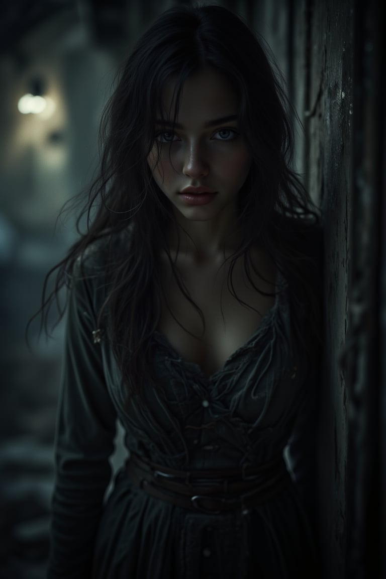 A beautiful girl stands partially hidden in the shadows, her figure barely illuminated by the faint flicker of a distant light. Her long, dark hair cascades over her shoulders, blending with the surrounding darkness. Her eyes, wide with a mix of fear and defiance, catch the faint gleam of light, reflecting the tension in the air. Her delicate features are set in a tense, anxious expression, as though she senses the danger lurking nearby.

Her breath is shallow, her chest rising and falling rapidly, her body poised as if ready to flee at any moment. The shadows seem to cling to her, wrapping around her like a protective cloak, yet unable to shield her from the eerie atmosphere. The cold wind rustles her clothes, a chilling reminder that she is not alone in this place. Every faint sound, every shifting shadow adds to the sense of dread, amplifying the tension as if something sinister is waiting, just beyond the edge of the light.






