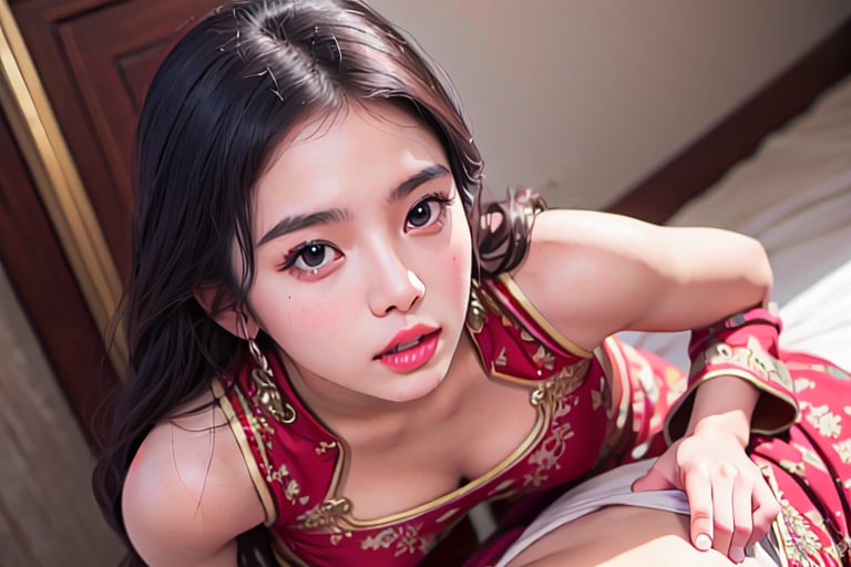 Slim body, ((Chinese outfit)) , red lips , high quality, realistic, 8k,photorealistic,  lut, insane details, intricate details, hyperdetailed, closeup,lust, hot visuals, white _face.,lickm, cum_filled, blue dress