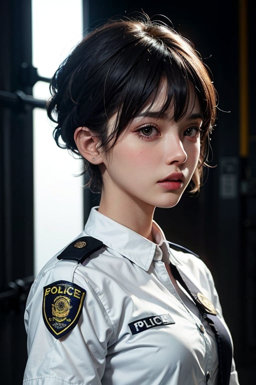 police, police_uniform, a 20 yo woman, black-hair, (hi-top fade:1.3), dark theme, soothing tones, muted colors, high contrast, (natural skin texture, hyperrealism, soft light, sharp), police_officer