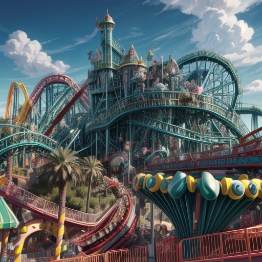 miniature cthulhu riding a rollercoaster at disneyland,  tentacles flying behind his head,  painting by SimX0791 on Tensor...
