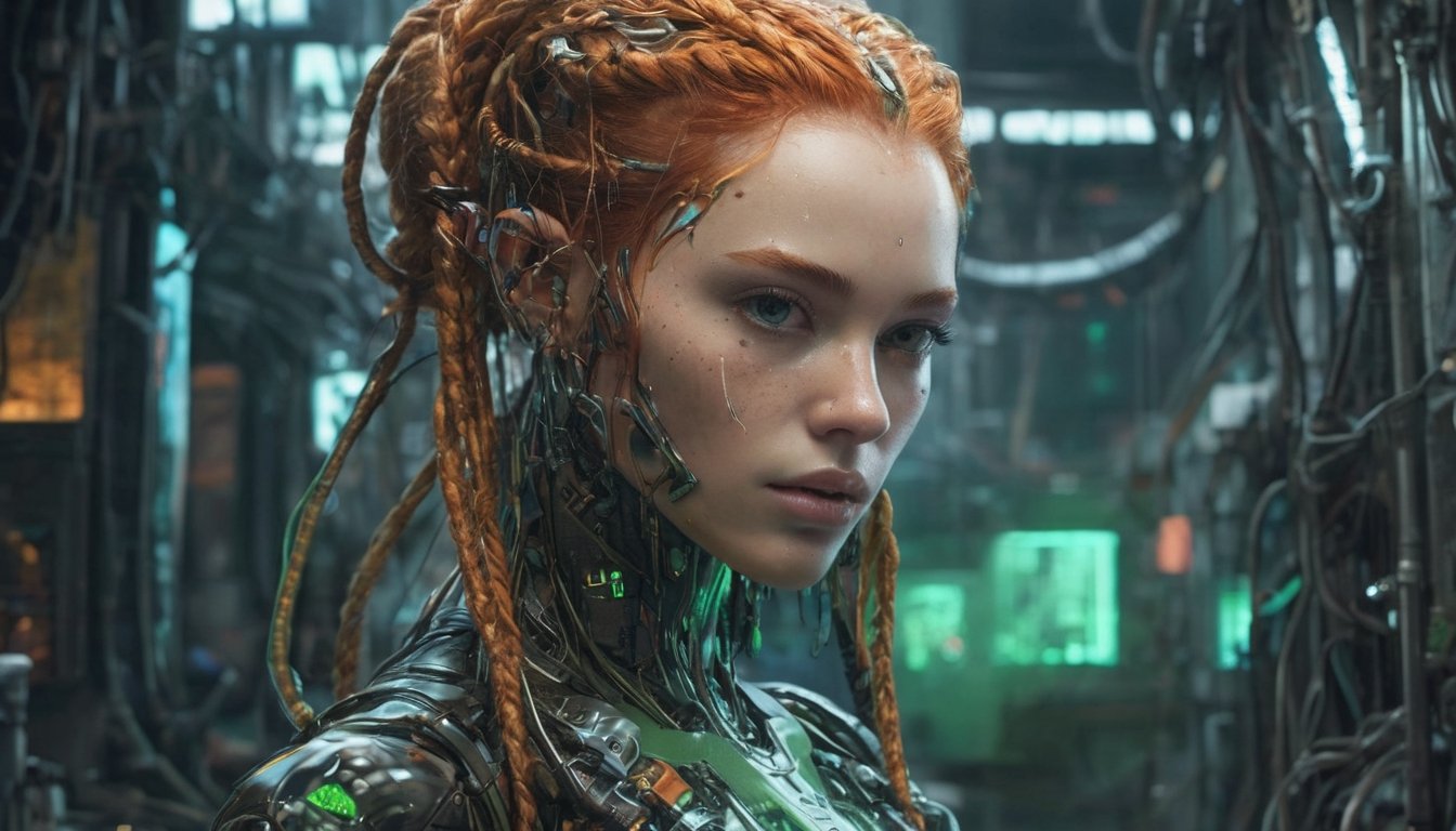 Amidst the neon-soaked dystopian laboratory,  a cyberpunk android takes center stage. Its visage eerily mirrors that of a...