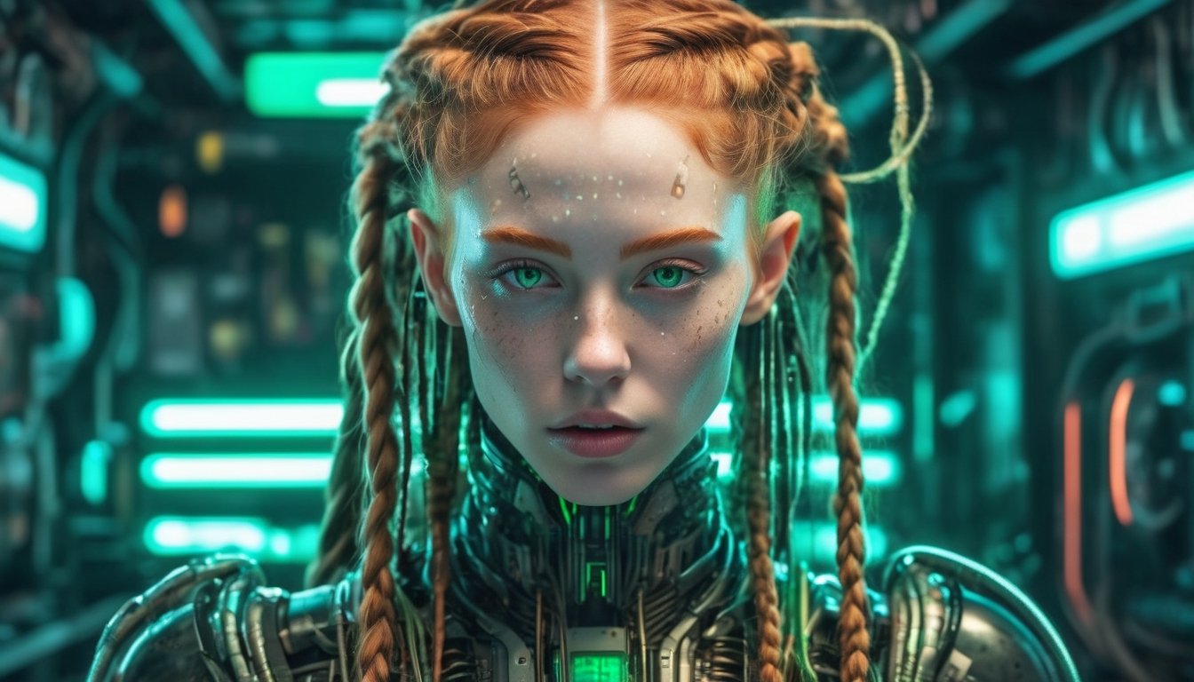 In the heart of a neon-soaked dystopian laboratory,  a cyberpunk android,  its face an eerily perfect recreation of (beaut...