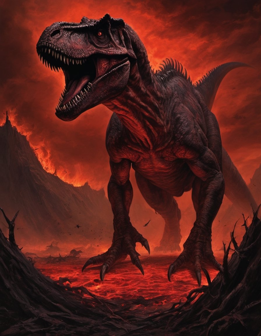 Create a nightmarish scene titled "Carnage of the Tyrant." In this unsettling artwork,  a Tyrannosaurus Rex,  its scales a...