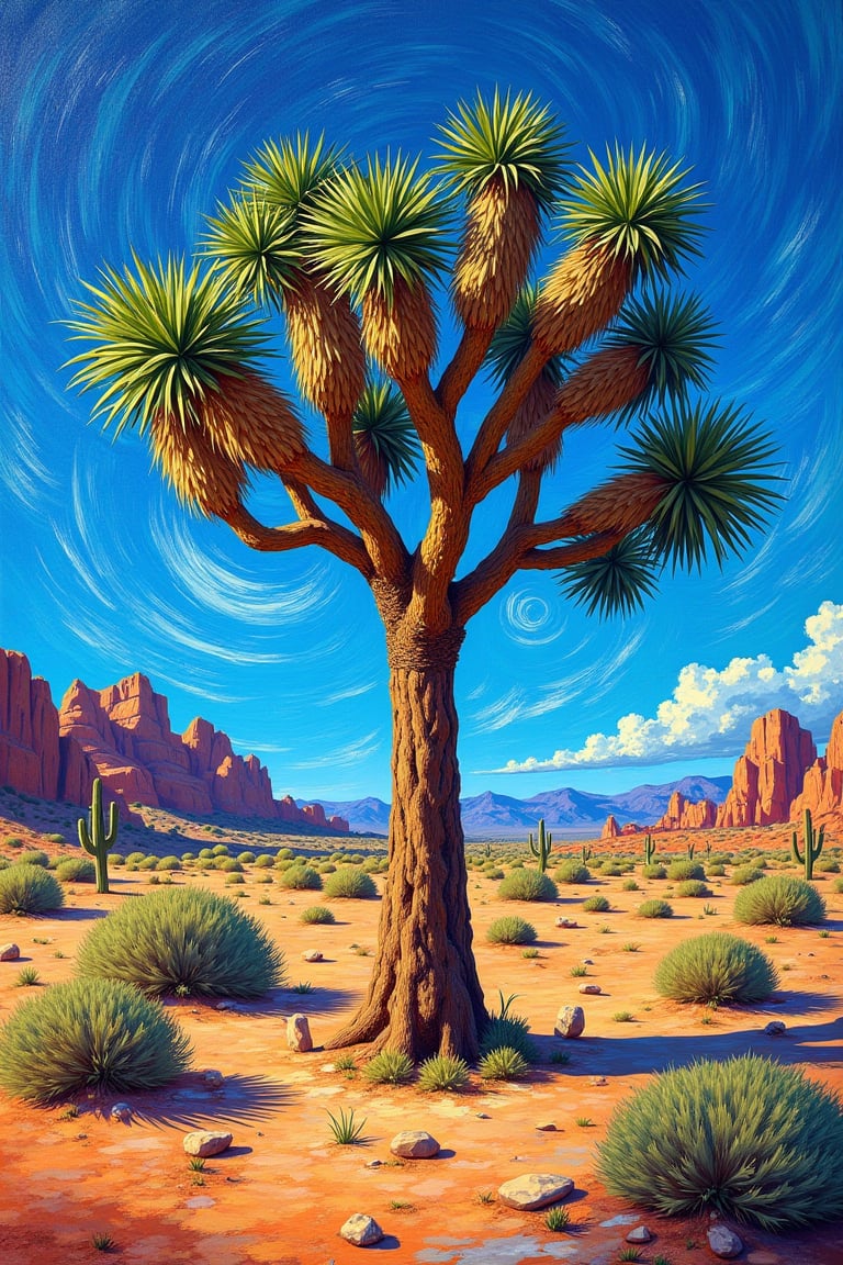 A painting of a Joshua tree in a desert landscape, in the style of Van Gogh. The tree is tall with multiple branches and spiky, green leaves, depicted with bold, swirling brushstrokes. The desert floor is textured with vibrant, expressive colors, scattered rocks, and small bushes. The sky is dynamic with swirling patterns of blue and wispy clouds, reminiscent of Van Gogh's Starry Night. The overall composition is rich in color, with thick, expressive strokes and a sense of movement and emotion.