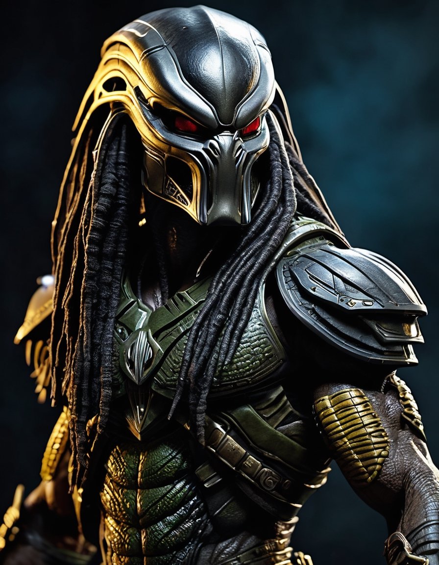 Create an award-worthy,  lifelike masterpiece featuring the iconic Predator alien. Depict the formidable extraterrestrial...