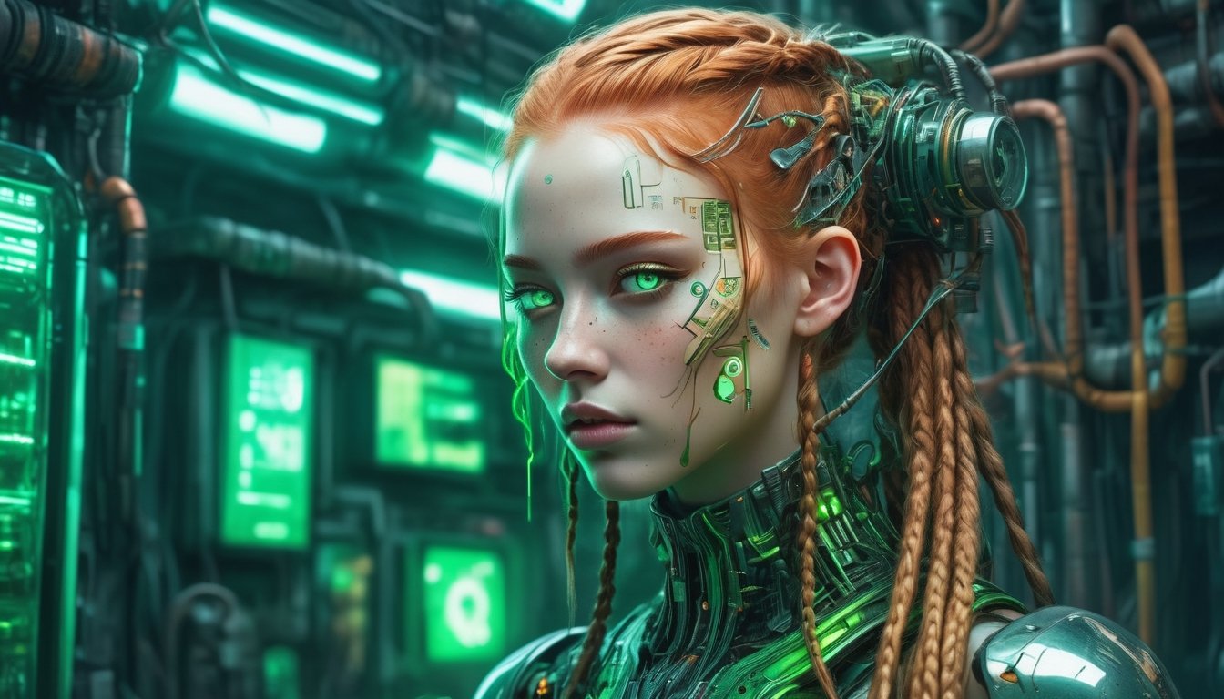 Amidst the neon-soaked dystopian laboratory,  a cyberpunk android takes center stage. Its visage eerily mirrors that of a...