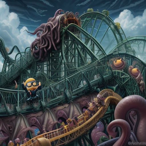 miniature cthulhu riding a rollercoaster at disneyland,  tentacles flying behind his head,  painting by SimX0791 on Tensor...