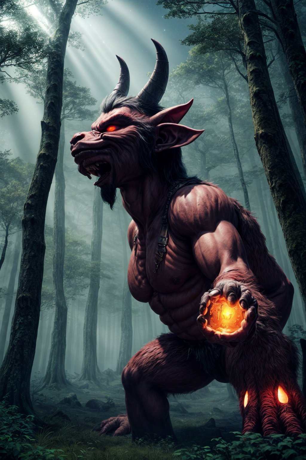 giant anthropomorphic oni troll wearing bavarian lederhosen, red marble skin, lightning illuminates the scene, (mythical forest with an air of mystery and mythology, featuring a sunlit clearing with ancient, towering trees, infusing the atmosphere with an otherworldly glow from the stars, as if touched by magic), cinematic lighting, octane render, higly detailed, intricate details, best illumination, cinematic lighting, bright, epic composition