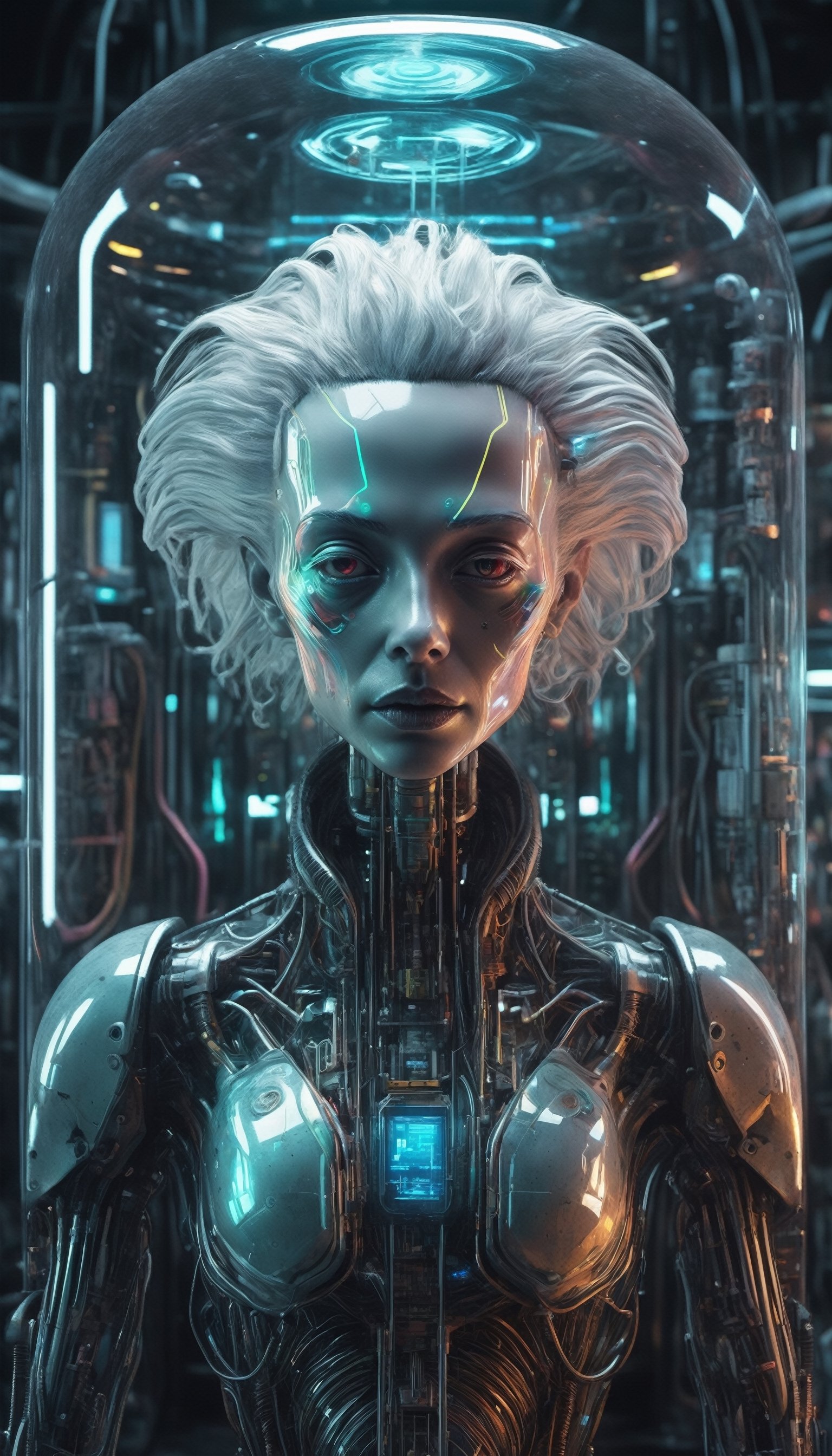 In the heart of a neon-soaked dystopian laboratory,  a cyberpunk android,  its face an eerily perfect recreation of (Alber...