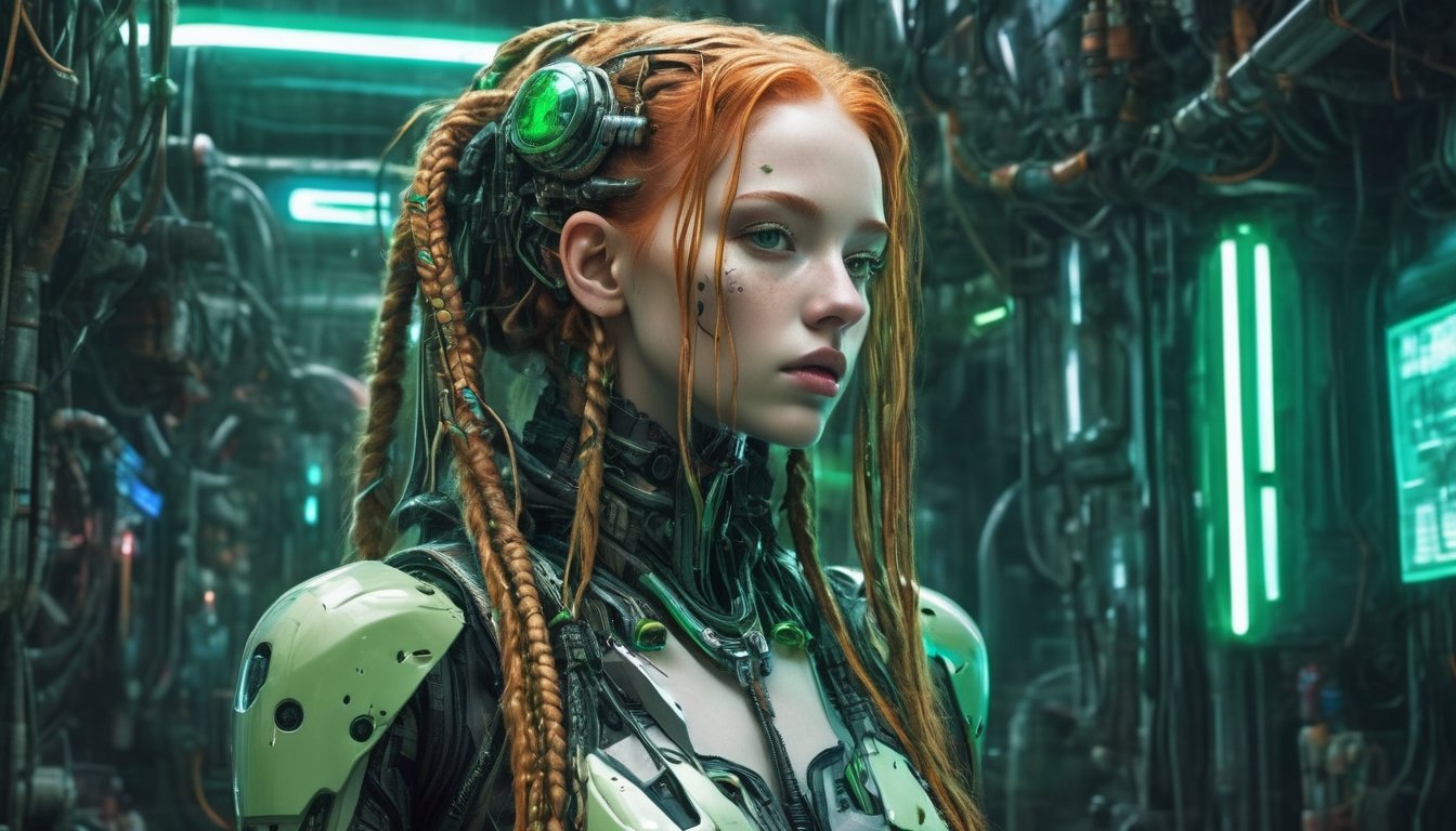 Amidst the neon-soaked dystopian laboratory,  a cyberpunk android takes center stage. Its visage eerily mirrors that of a...