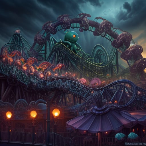 miniature cthulhu riding a rollercoaster at disneyland,  tentacles flying behind his head,  painting by SimX0791 on Tensor...