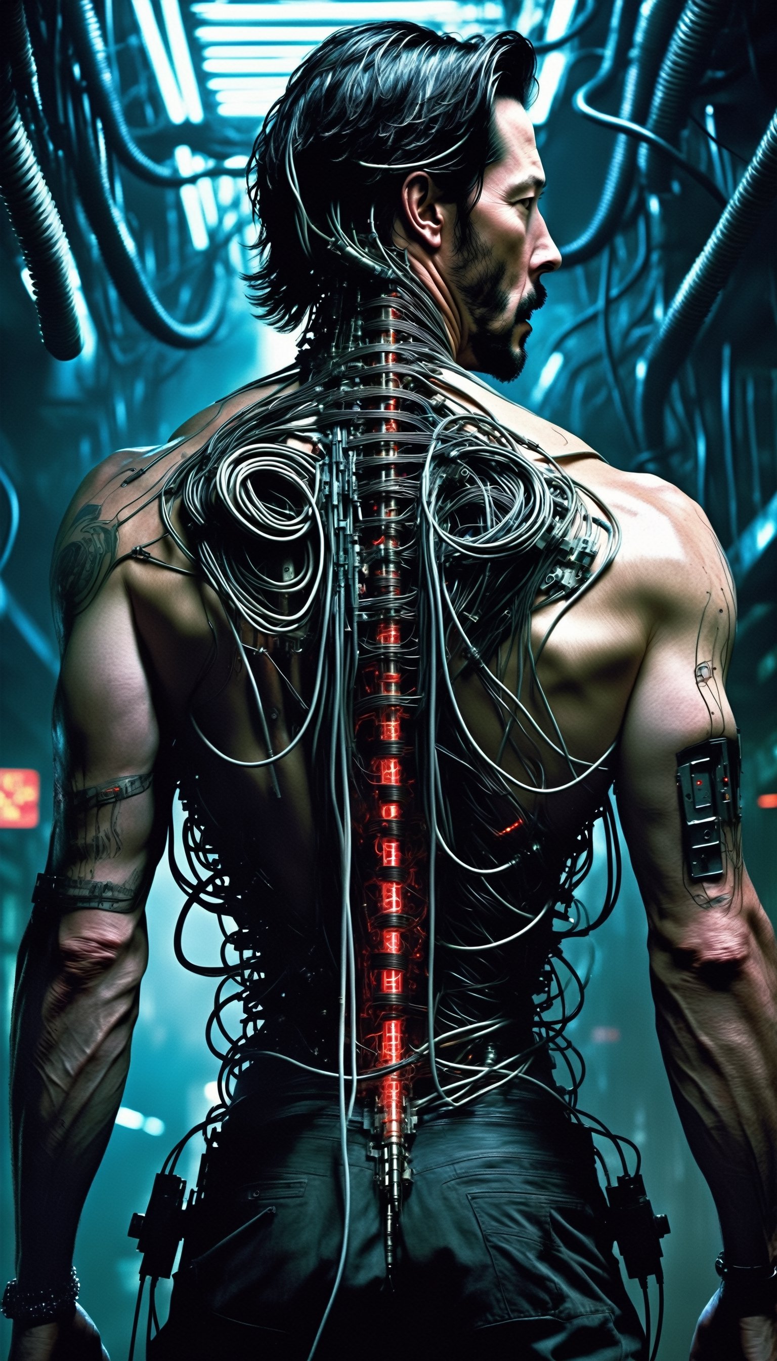 Within the nightmarish biomechanical depths of a cyberpunk workshop, a haunting masterpiece takes shape. The visage of Keanu Reeves, eerily perfect, is cast in a grotesque light. His muscular and handsome form is a fusion of flesh and machine, a nightmarish embodiment of cyberpunk. Wires and tubes snake across his upper torso, merging with mechanical joints and limbs, while intricate blood vessels are connected to nightmarish conduits. Mechanical vertebrae and cervical pieces adorn his back and neck in surreal fashion. The character's hair is a tangle of biomechanical horror, and wires and cables extend from his head and neck like a grotesque tapestry. The background, surreal and foreboding, is a testament to the darkest realms of cybernetic imagination.