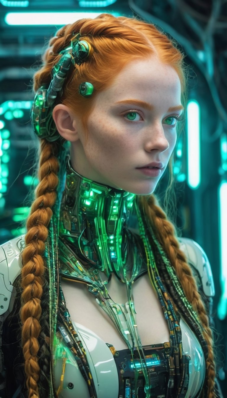 In the heart of a neon-soaked dystopian laboratory,  a cyberpunk android,  its face an eerily perfect recreation of (beaut...