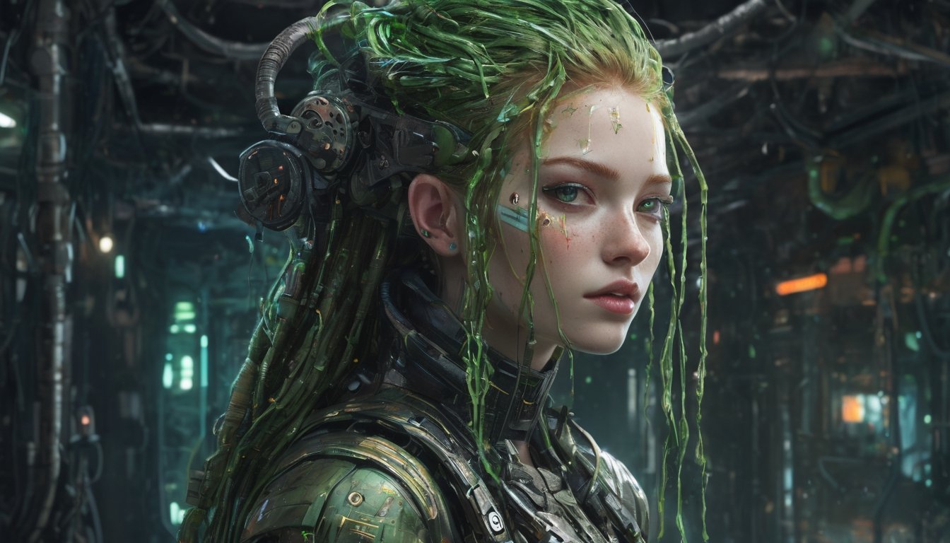 Amidst the neon-soaked dystopian laboratory,  a cyberpunk android takes center stage. Its visage eerily mirrors that of a...