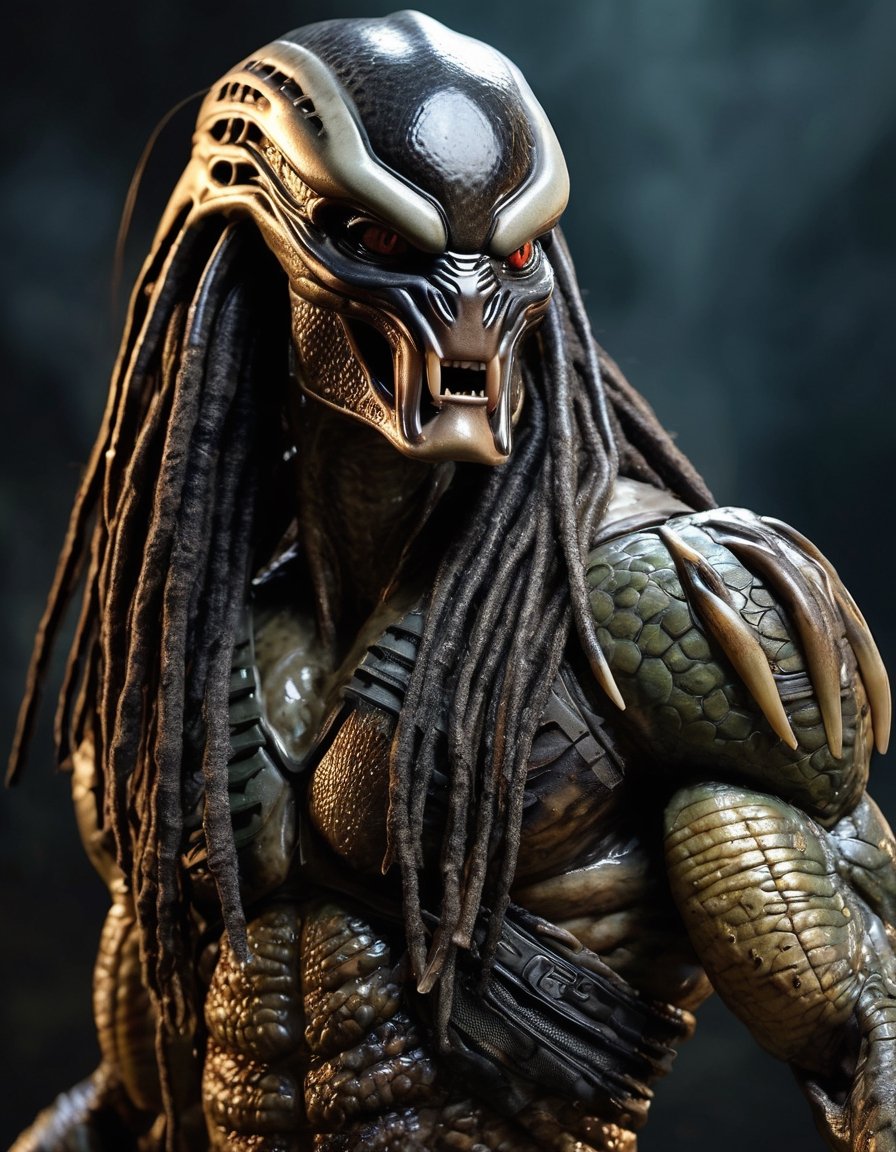Create an award-worthy,  lifelike masterpiece featuring the iconic Predator alien. Depict the formidable extraterrestrial...