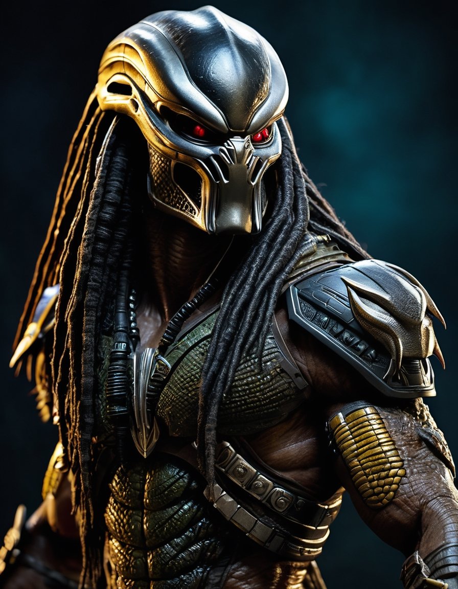 Create an award-worthy,  lifelike masterpiece featuring the iconic Predator alien. Depict the formidable extraterrestrial...