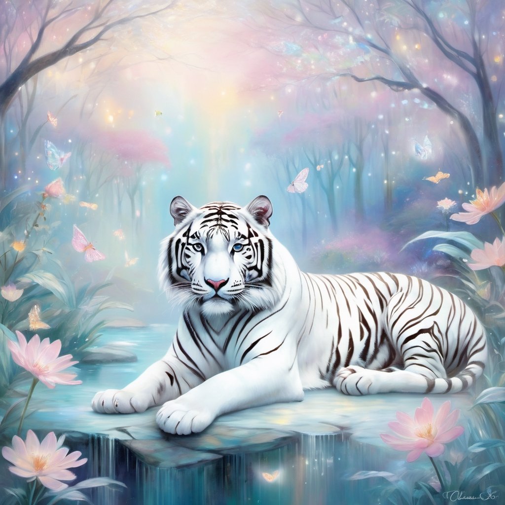 Ethereal white tiger (impressionist:1.2) in a dreamlike, surreal landscape. The white tiger is depicted in soft, dreamy brushstrokes, surrounded by floating lights and mystical fairylike creatures. The scene exudes an ethereal quality with pastel hues and a sense of otherworldly wonder.