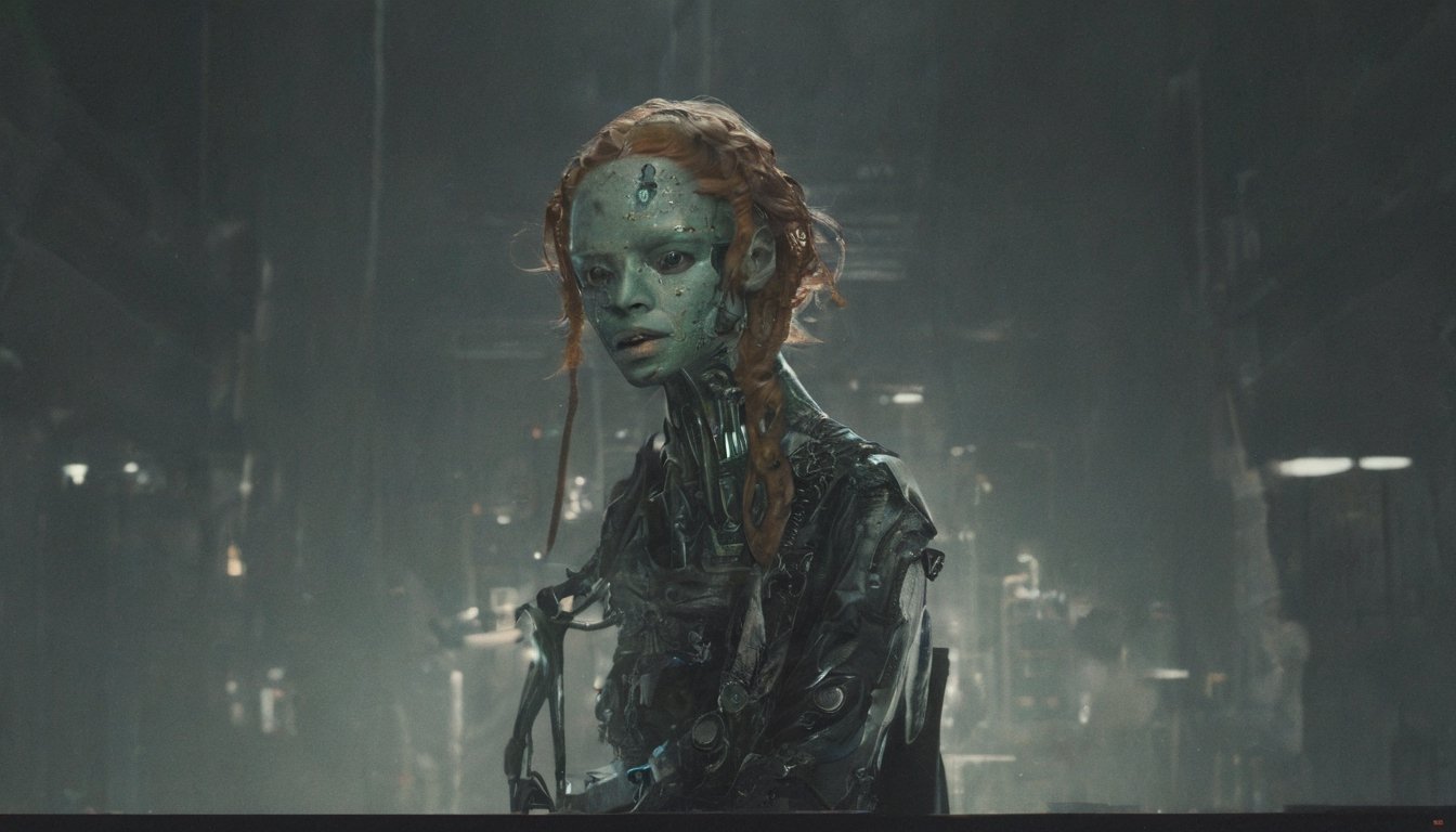 Amidst the neon-soaked dystopian laboratory,  a cyberpunk android takes center stage. Its visage eerily mirrors that of a...