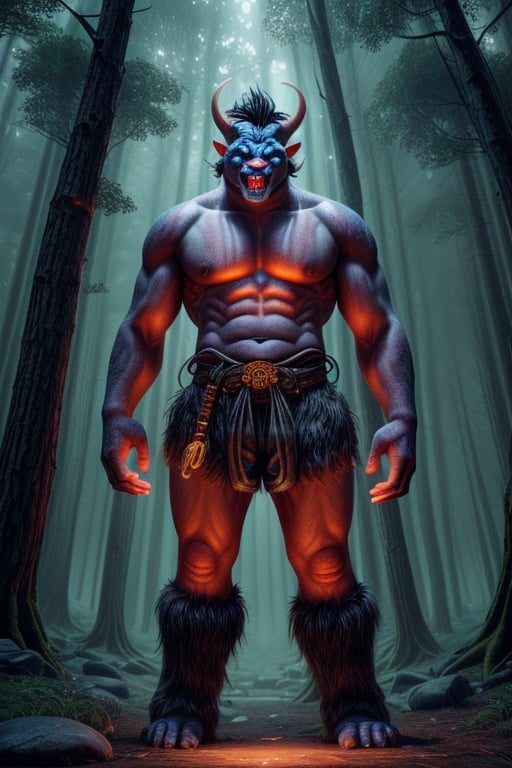 giant anthropomorphic oni troll wearing bavarian lederhosen, stone skin lightning illuminates the scene, (mythical forest with an air of mystery and mythology, featuring a sunlit clearing with ancient, towering trees, including bizarre objects of ancient civilizations, like carved pillars illuminated by indirect lighting, infusing the atmosphere with an otherworldly glow from the stars, as if touched by magic, cinematic lighting, octane render, higly detailed, intricate details, best illumination, cinematic lighting, bright, epic composition