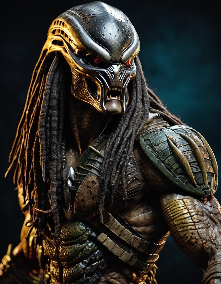 Create an award-worthy,  lifelike masterpiece featuring the iconic Predator alien. Depict the formidable extraterrestrial...