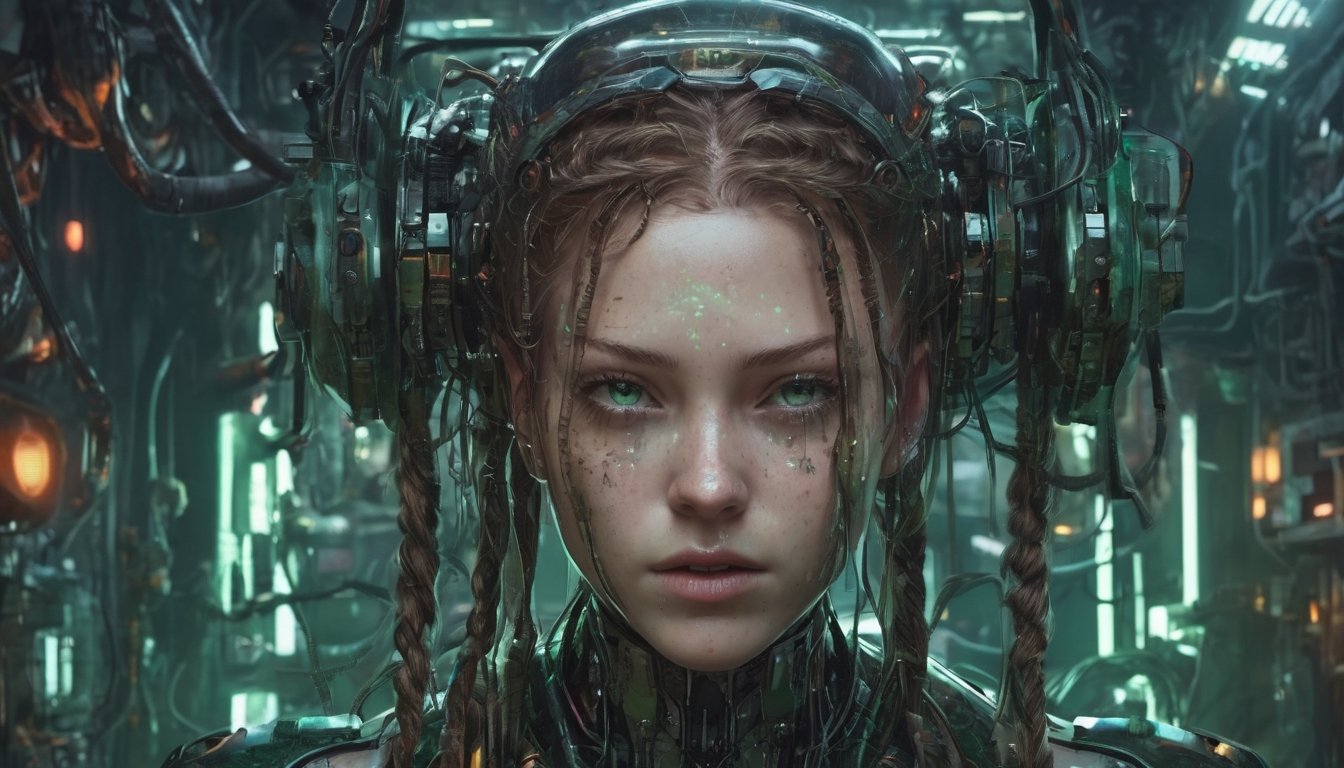 Amidst the neon-soaked dystopian laboratory,  a cyberpunk android takes center stage. Its visage eerily mirrors that of a...