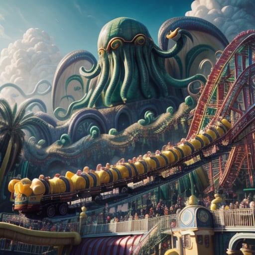 riding a rollercoaster at disneyland,  in form of tentacles,  minions background dancers by SimX0791 on Tensor.Art