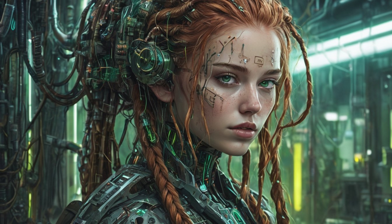 Amidst the neon-soaked dystopian laboratory,  a cyberpunk android takes center stage. Its visage eerily mirrors that of a...