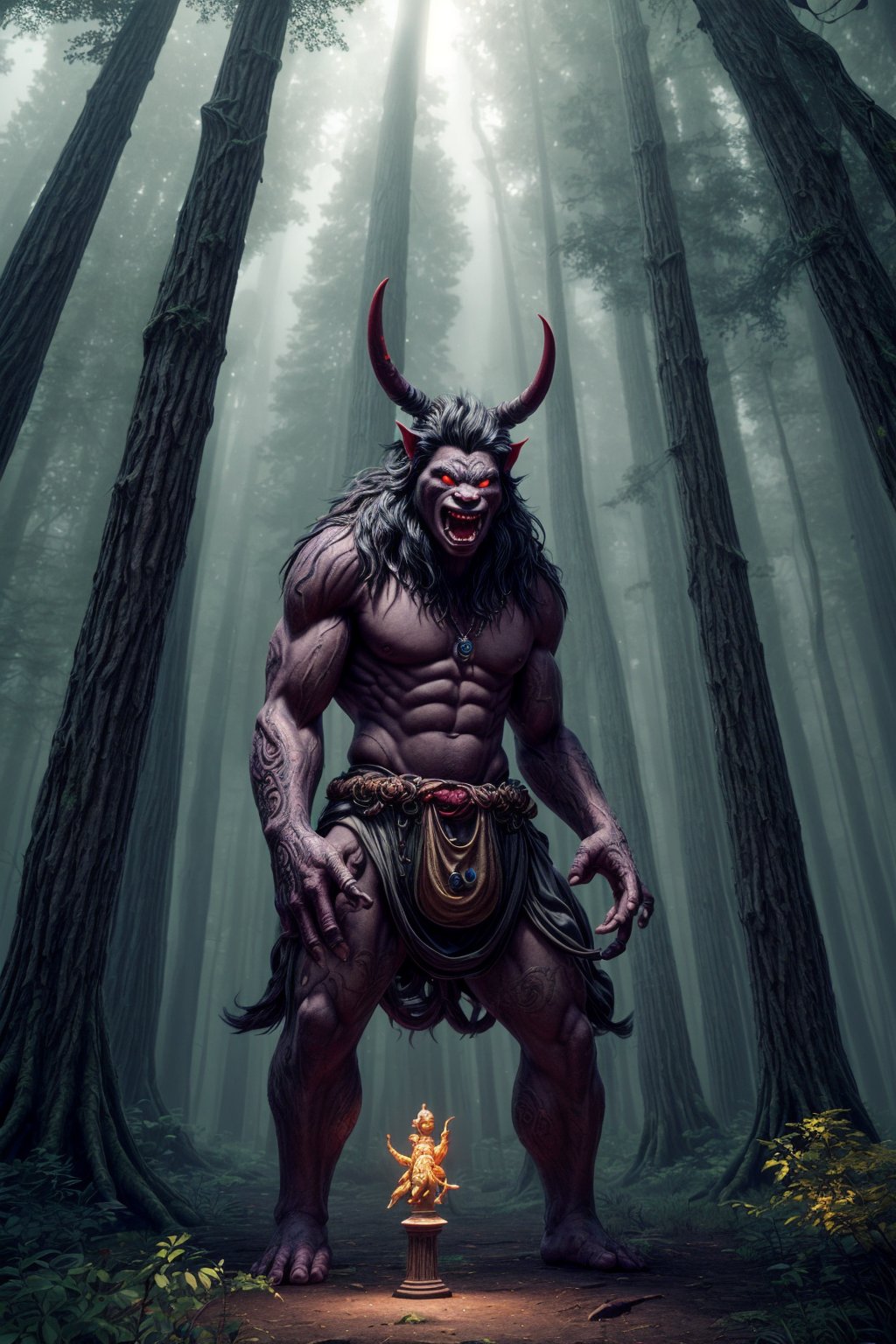 giant anthropomorphic oni troll wearing bavarian lederhosen, red marble stone skin, lightning illuminates the scene, (mythical forest with an air of mystery and mythology, featuring a sunlit clearing with ancient, towering trees, including bizarre objects of ancient civilizations, like carved pillars illuminated by indirect lighting, infusing the atmosphere with an otherworldly glow from the stars, as if touched by magic, cinematic lighting, octane render, higly detailed, intricate details, best illumination, cinematic lighting, bright, epic composition