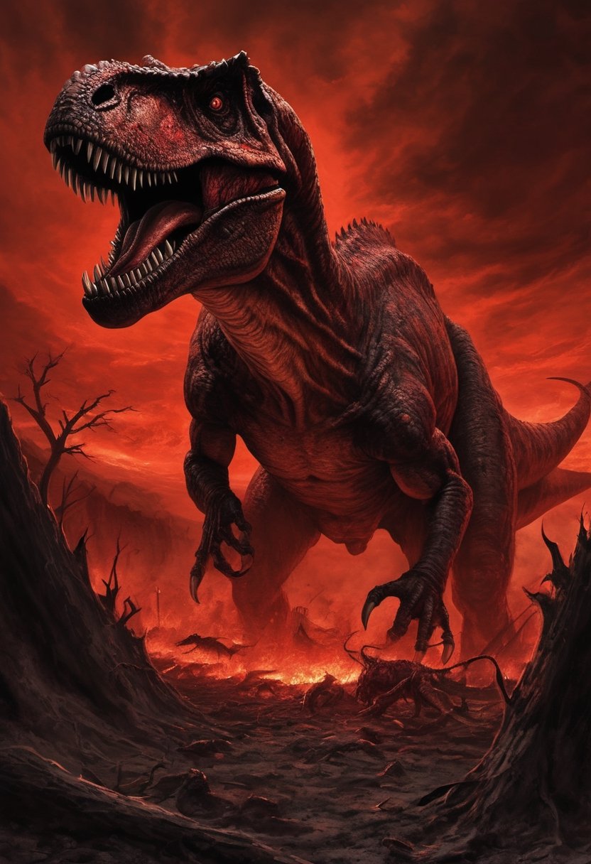 Create a nightmarish scene titled "Carnage of the Tyrant." In this unsettling artwork,  a Tyrannosaurus Rex,  its scales a...