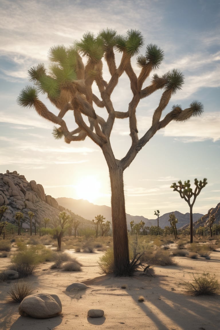 A detailed and realistic image of a Joshua tree in a desert landscape. The tree is tall and has multiple branches with spiky, green leaves typical of Joshua trees. The desert floor is sandy with scattered rocks and small bushes, and the sky is clear with a few wispy clouds. The lighting is natural, with the sun casting soft shadows, creating a serene and warm atmosphere.