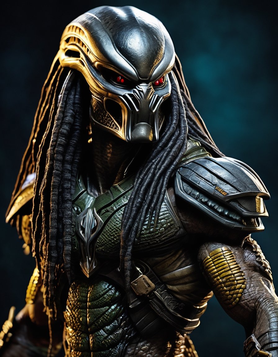 Create an award-worthy,  lifelike masterpiece featuring the iconic Predator alien. Depict the formidable extraterrestrial...