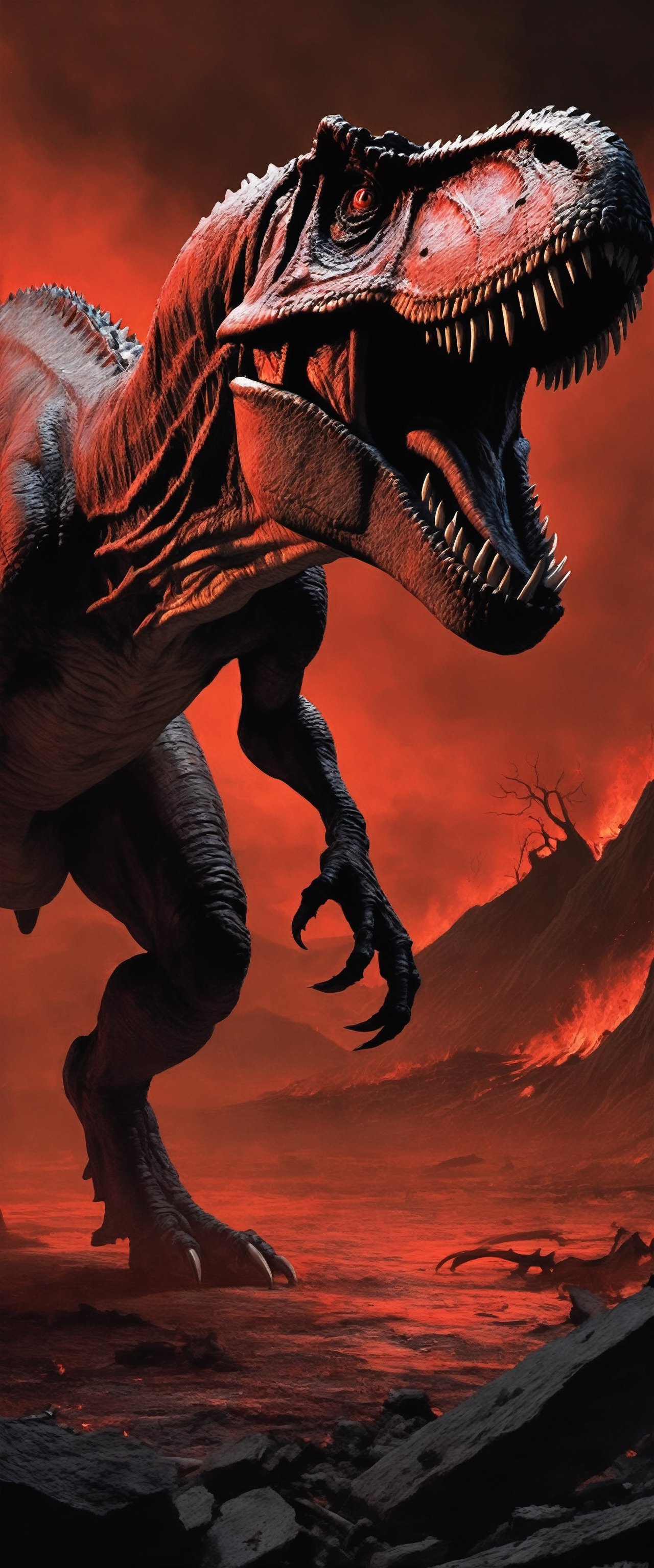 Create a nightmarish scene titled "Carnage of the Tyrant." In this unsettling artwork,  a Tyrannosaurus Rex,  its scales a...