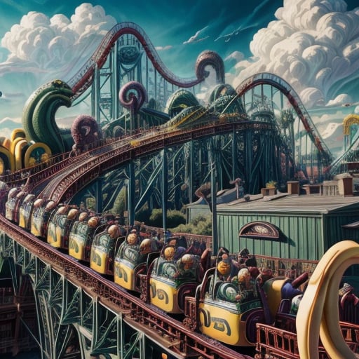 riding a rollercoaster at disneyland,  tentacles flying behind his head,  painting by SimX0791 on Tensor.Art