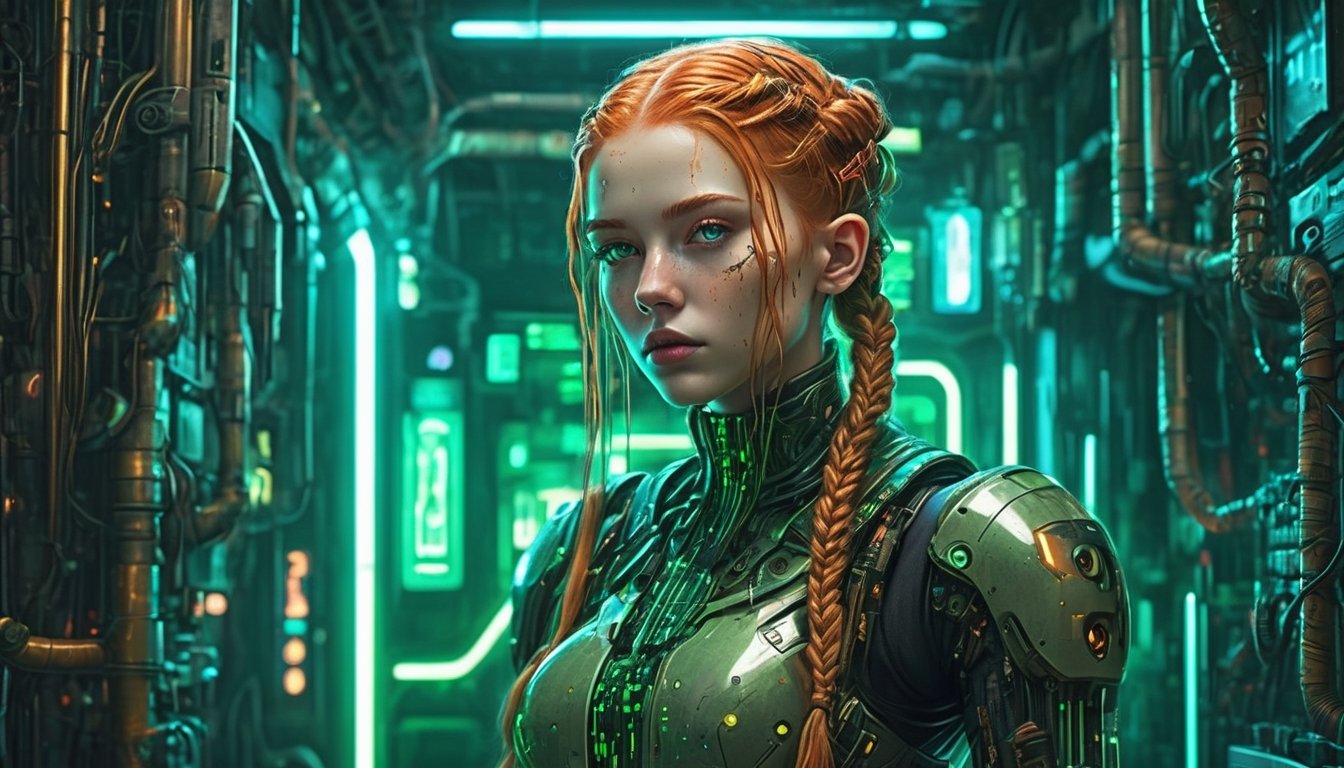 Amidst the neon-soaked dystopian laboratory,  a cyberpunk android takes center stage. Its visage eerily mirrors that of a...