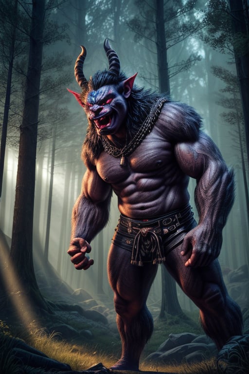 giant anthropomorphic oni troll wearing bavarian lederhosen, red marble stone skin, lightning illuminates the scene, (mythical forest with an air of mystery and mythology, featuring a sunlit clearing with ancient, towering trees, including bizarre objects of ancient civilizations, like carved pillars illuminated by indirect lighting, infusing the atmosphere with an otherworldly glow from the stars, as if touched by magic, cinematic lighting, octane render, higly detailed, intricate details, best illumination, cinematic lighting, bright, epic composition