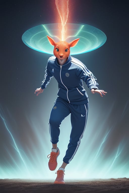 Create a captivating diffusion image merging multiple worlds,  featuring a sleek tracksuit-wearing carrot effortlessly spr...