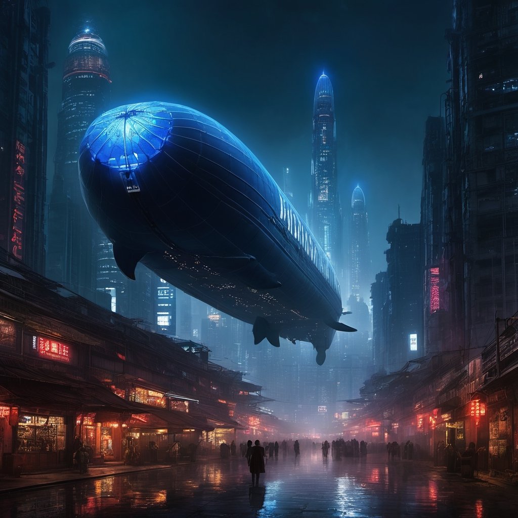 Amidst the neon-lit labyrinth of the cyberpunk skyline, colossal blimps hover like phantom whales in a city's dream. Radiant, multi-hued skyscrapers pierce the night with shards of electric blue and crimson, their glass facades reflecting cascades of glittering data. Blimps, like ancient airships reborn, cruise serenely, adorned with luminescent advertisements that dance in the smog-choked heavens.