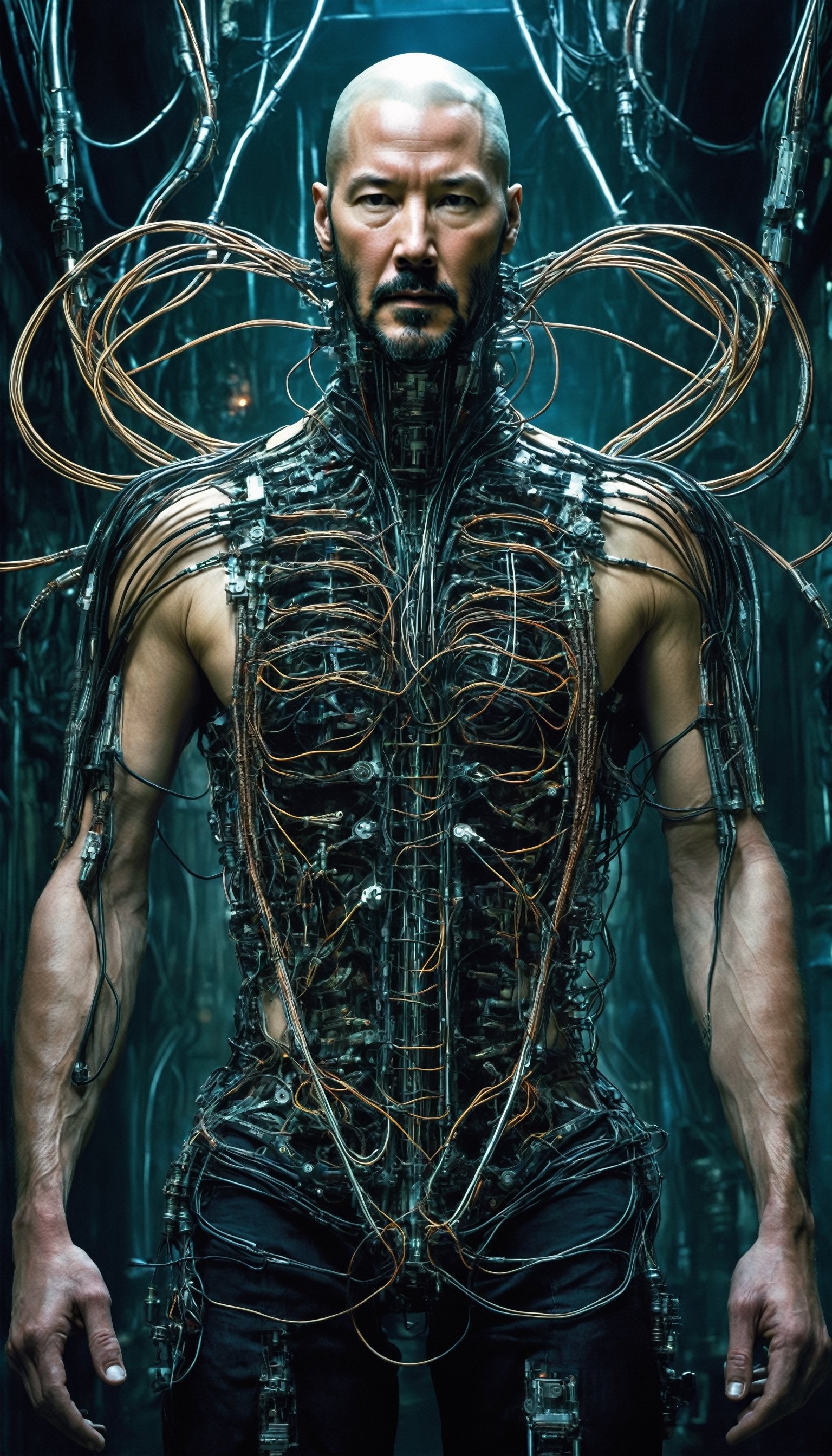 Within the nightmarish biomechanical depths of a cyberpunk workshop, a haunting masterpiece takes shape. The visage of Keanu Reeves, eerily perfect, is cast in a grotesque light. His muscular and handsome form is a fusion of flesh and machine, a nightmarish embodiment of cyberpunk. Wires and tubes snake across his upper torso, merging with mechanical joints and limbs, while intricate blood vessels are connected to nightmarish conduits. Mechanical vertebrae and cervical pieces adorn his back and neck in surreal fashion. The character's hair is a tangle of biomechanical horror, and wires and cables extend from his head and neck like a grotesque tapestry. The background, surreal and foreboding, is a testament to the darkest realms of cybernetic imagination.