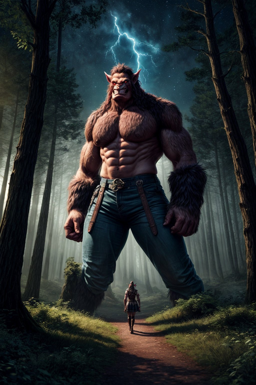 giant anthropomorphic oni troll wearing bavarian lederhosen, red marble skin, lightning illuminates the scene, (mythical forest with an air of mystery and mythology, featuring a sunlit clearing with ancient, towering trees, infusing the atmosphere with an otherworldly glow from the stars, as if touched by magic), cinematic lighting, octane render, higly detailed, intricate details, best illumination, cinematic lighting, bright, epic composition