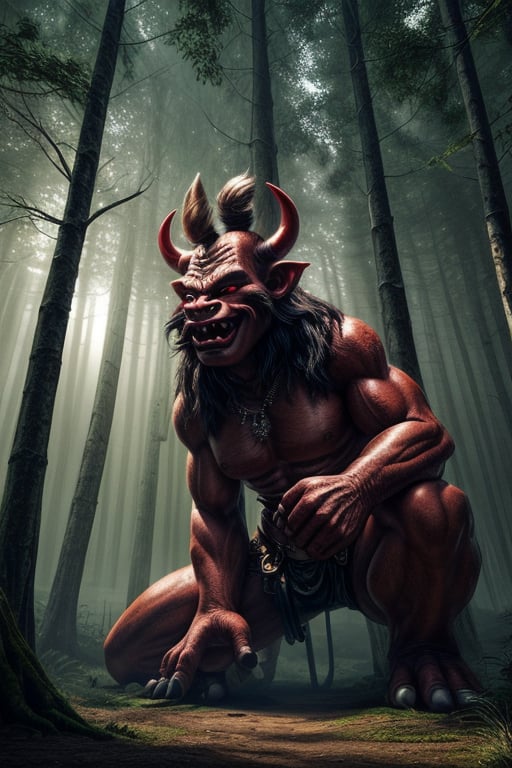 giant anthropomorphic oni troll wearing bavarian lederhosen, red marble skin, lightning illuminates the scene, (mythical forest with an air of mystery and mythology, featuring a sunlit clearing with ancient, towering trees, infusing the atmosphere with an otherworldly glow from the stars, as if touched by magic), cinematic lighting, octane render, higly detailed, intricate details, best illumination, cinematic lighting, bright, epic composition