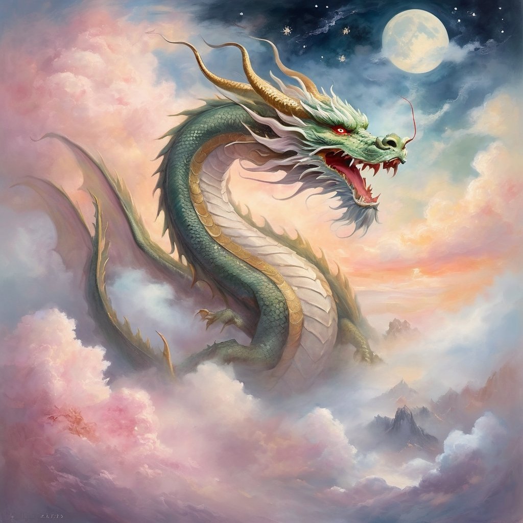 Ethereal giant asian dragon (impressionist:1.2) in a dreamlike, surreal landscape. The giant asian dragon is depicted in soft, dreamy brushstrokes, surrounded by floating clouds and mystical stars. The scene exudes an ethereal quality with pastel hues and a sense of otherworldly wonder.