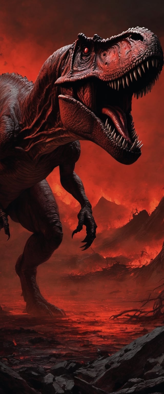 Create a nightmarish scene titled "Carnage of the Tyrant." In this unsettling artwork,  a Tyrannosaurus Rex,  its scales a...