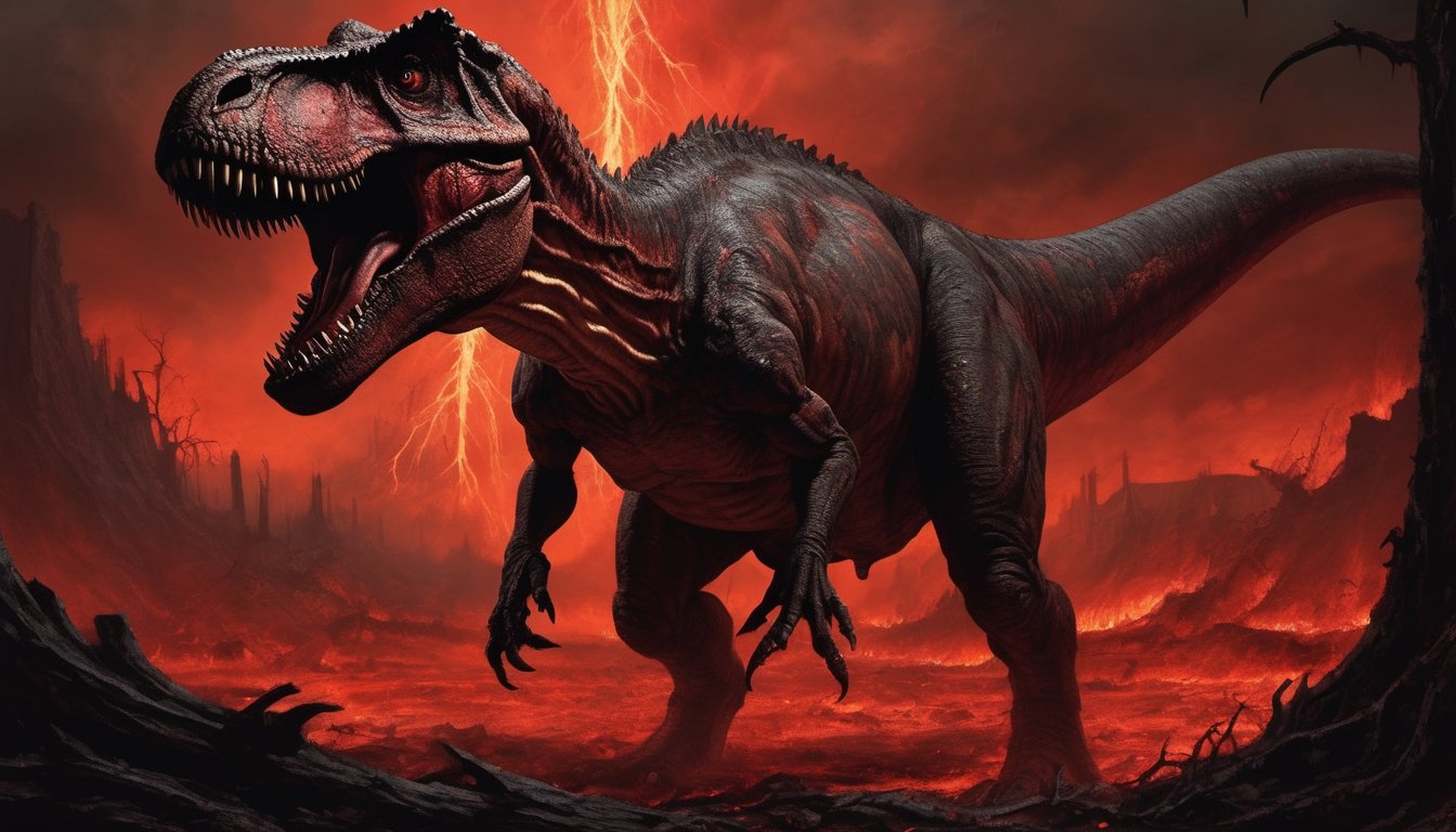 Create a nightmarish scene titled "Carnage of the Tyrant." In this unsettling artwork,  a Tyrannosaurus Rex,  its scales a...