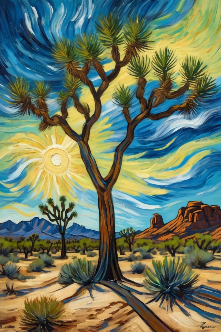 Van Gogh style painting of a Joshua tree in a barren desert landscape. The tree is tall with multiple branches and spiky, green leaves, depicted with bold, swirling brushstrokes. The sky is dynamic with swirling patterns of blue and wispy clouds in the style of Van Gogh. The overall composition is rich in color, with thick, expressive strokes and a sense of movement and emotion.