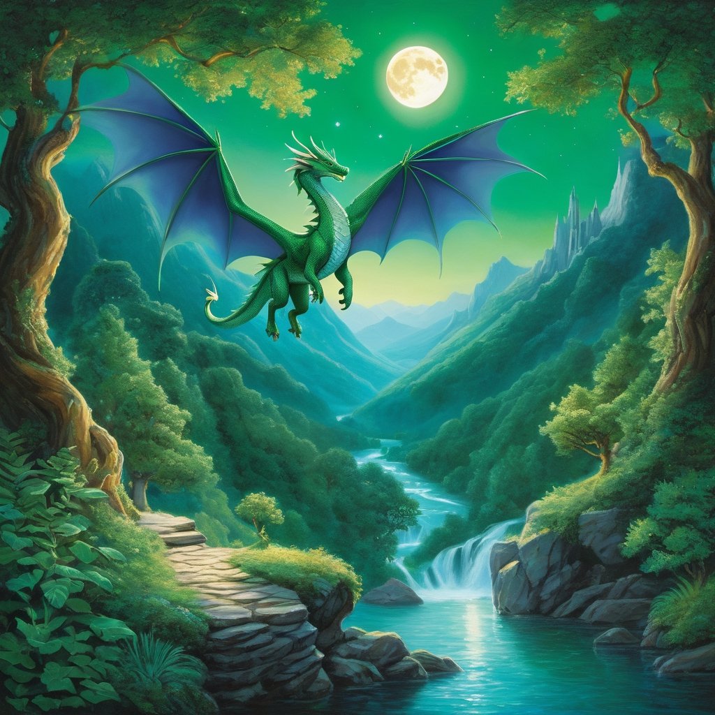 ((top-notch quality)), ((masterwork)), ((true-to-life)),
Dragon, gliding, mystical forest, moonlit night, moonlight, J.R.R. Tolkien, fantasy illustration, canvas oil painting, fantastical, emerald, three-dimensional, high-res,
64K resolution, magical, enchanting, awe-inspiring, otherworldly, ancient, enchanted, mythical creature, majestic wings, iridescent scales, lush foliage, tranquil, moonlit shadows, breathtaking, at eye level, picturesque, masterwork